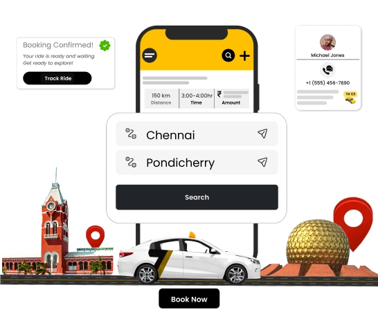 Top Taxi Travel Rentals From Chennai to Pondicherry Book top travel rentals from Chennai to Pondicherry for a smooth and comfortable taxi journey.